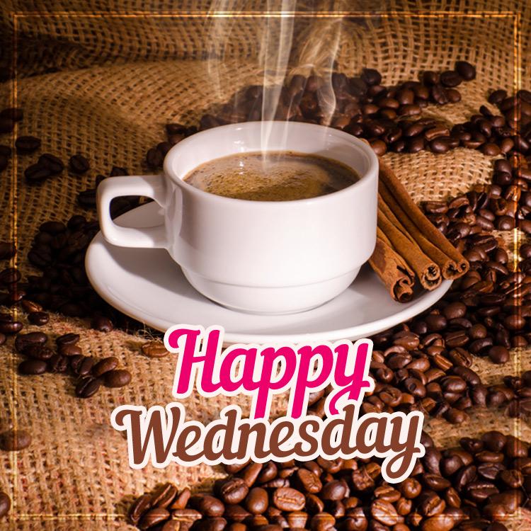 Happy Wednesday picture with coffee, square size (square shape image)