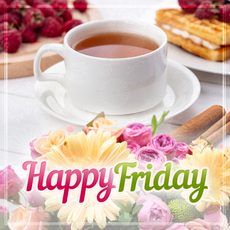 Happy Friday colorful Image with flowers and breakfast, square picture (square shape image)