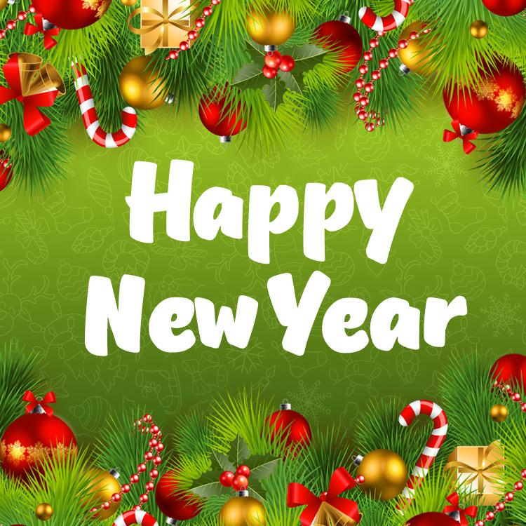 Happy New Year image with decorations on background, square size (square shape image)