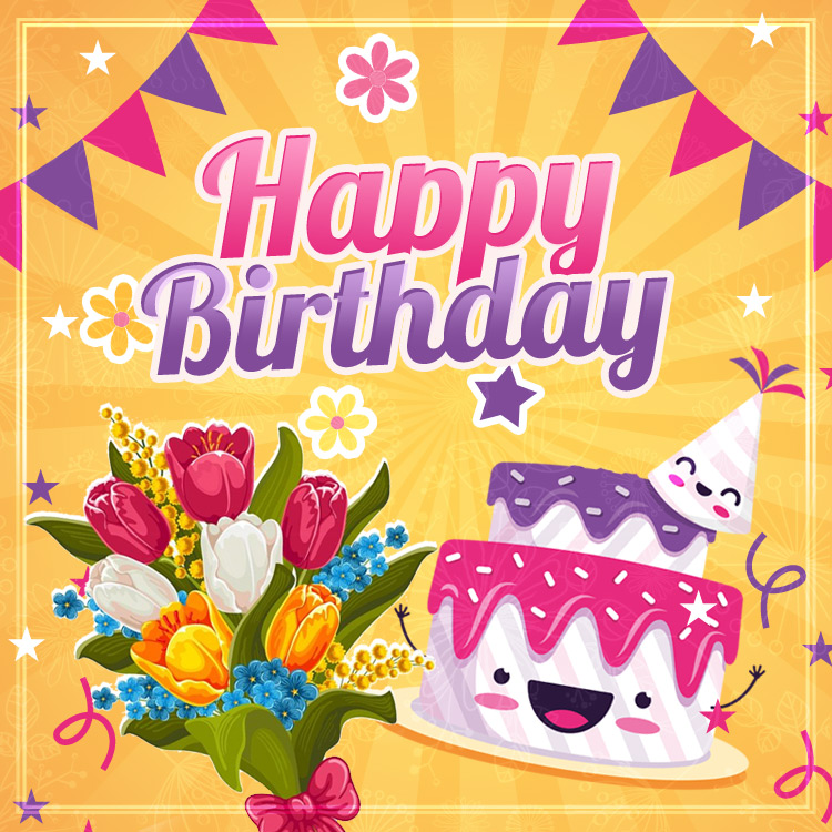 Happy birthday image with cartoon cake and bouquet of flowers, square size (square shape image)