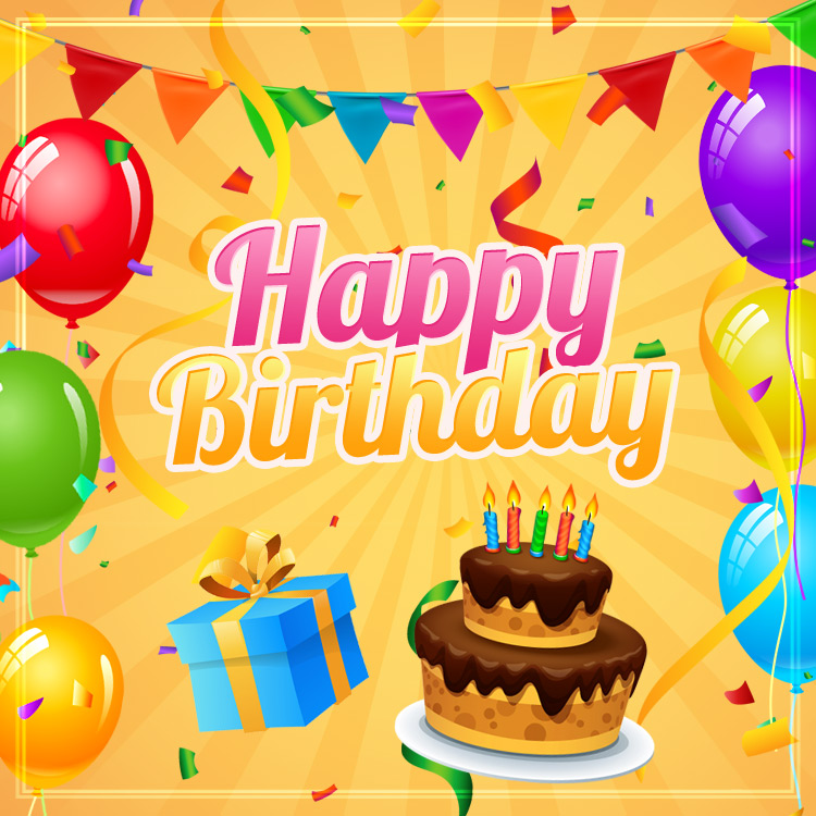 Happy Birthday image with colorful background and birthday attributes, square size (square shape image)