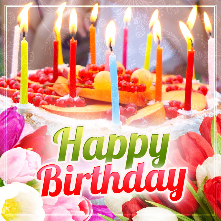 Happy Birthday image with birthday cake and colorful flowers on background, square size (square shape image)