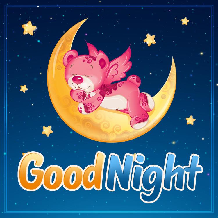 Good Night Image with cute cartoon bear sleeping on the moon, square size (square shape image)