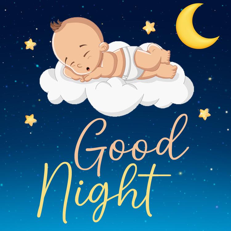 Good Night Image with sleeping cartoon baby on the cloud, square size (square shape image)