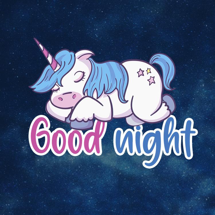 Good Night beautiful picture with sleeping cartoon unicorn, square size (square shape image)