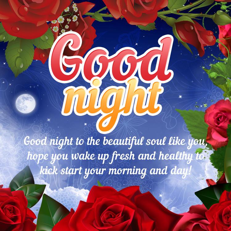 Good Night picture with beautiful red roses and good wishes, square size (square shape image)