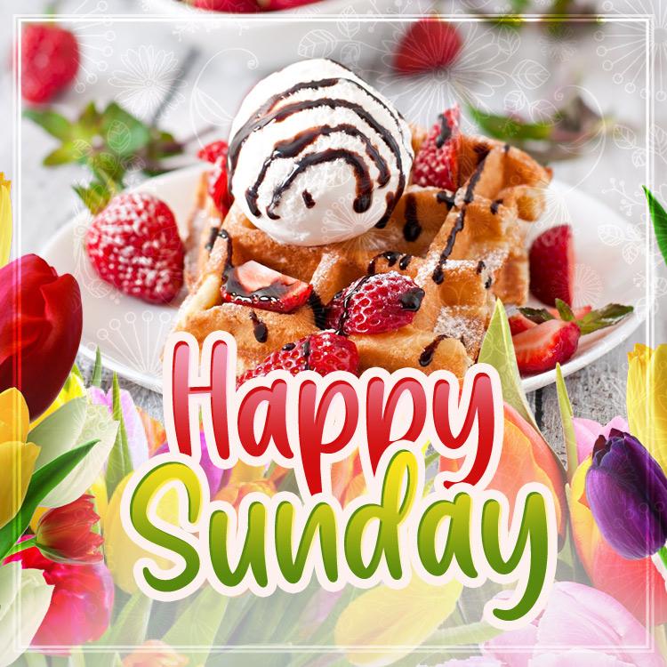 Happy Sunday Image with delicious waffles and tulips, square sized picture (square shape image)