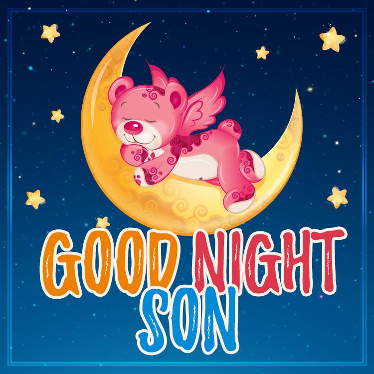 Good Night Son image with cute sleeping teddy bear, square size (square shape image)