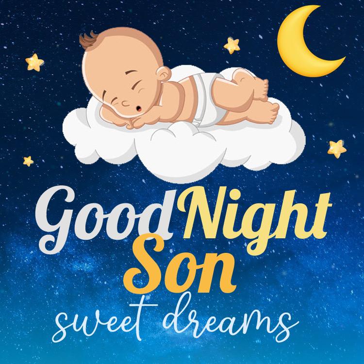 Good Night Son image with baby sleeping on cloud, square size (square shape image)