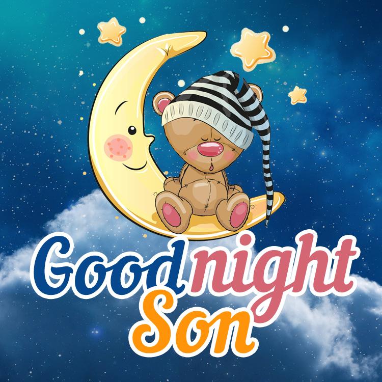 Good Night Son, colorful picture with sleeping bear cub on the moon, square size (square shape image)