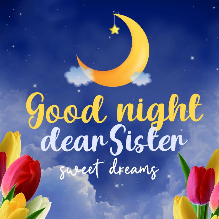 Good Night Sister, image with crescent and beautiful tulips, square size (square shape image)