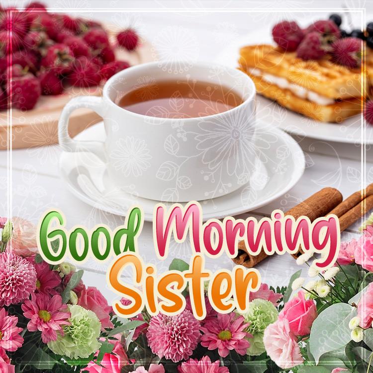 Good Morning Sister beautiful image with flowers and breakfast, square shape (square shape image)