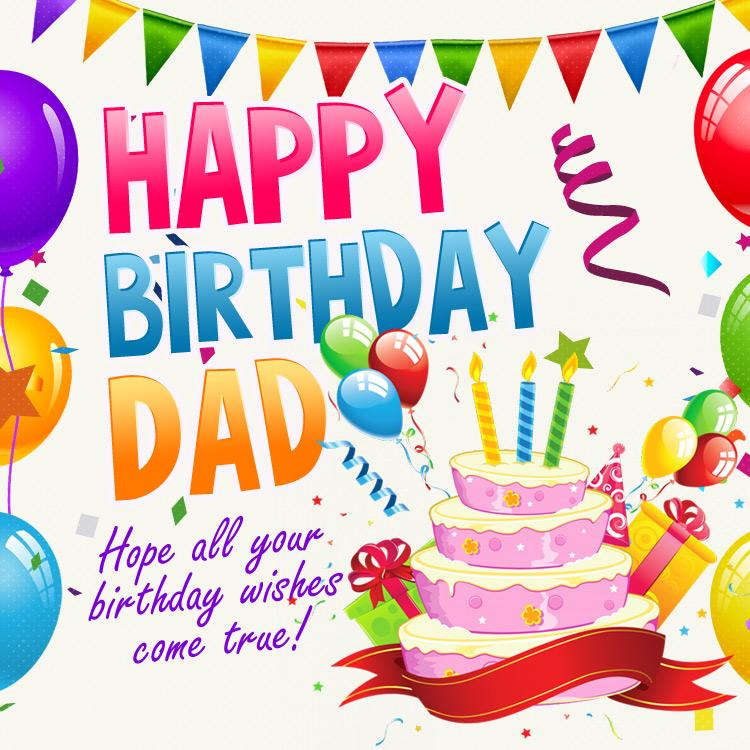 Happy Birthday Dad, bright and colorful image with white background, square shape (square shape image)