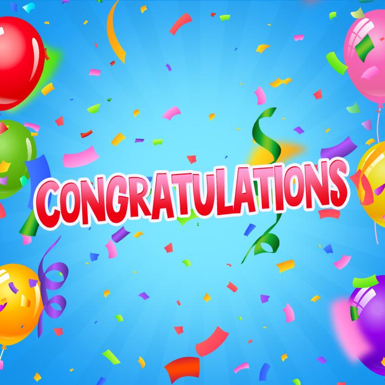 Congratulations Image with colorful confetti on the blue background, square size (square shape image)