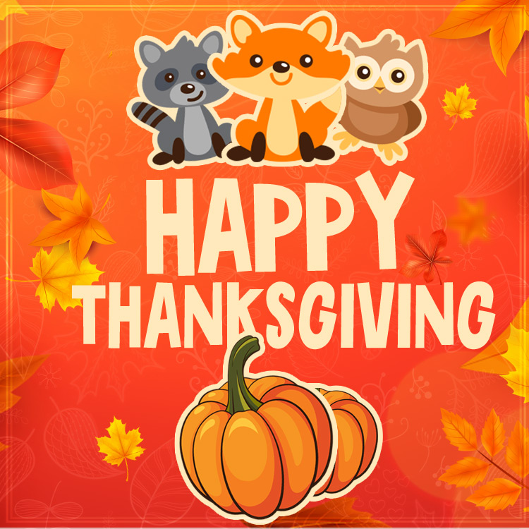 Happy Thanksgiving Funny Image with cartoon animals, square format (square shape image)