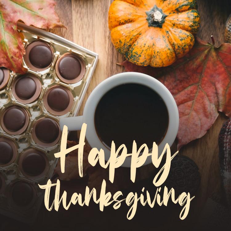 Happy Thanksgiving free Image with cup of coffee and sweets, square shape picture (square shape image)