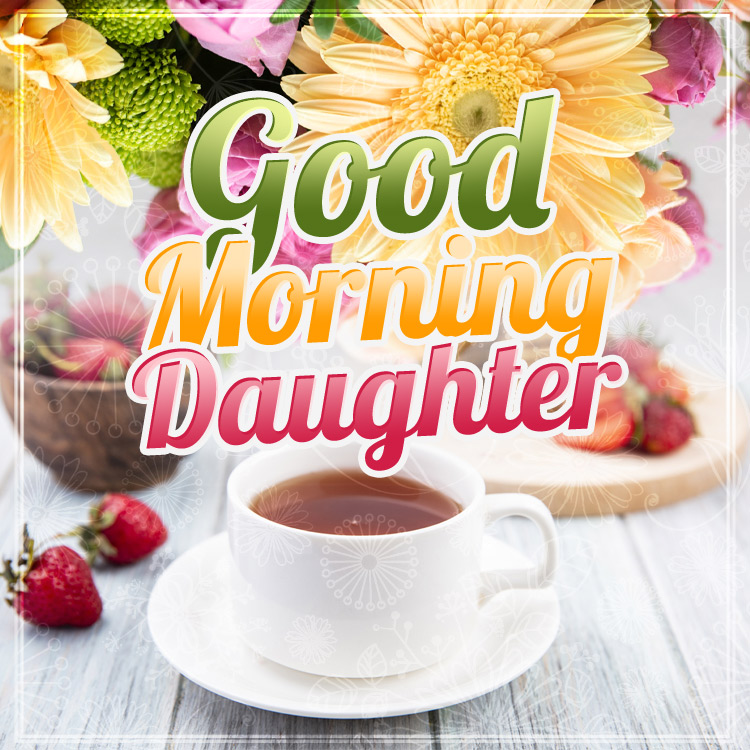 Good Morning Daughter, square shape picture with tea and flowers (square shape image)