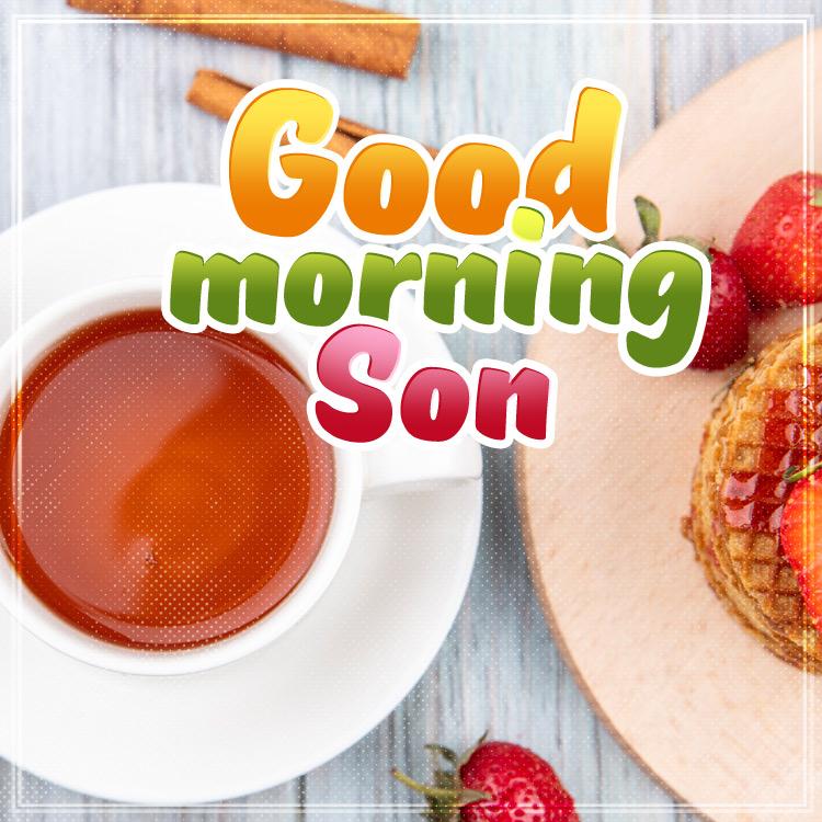 Good Morning Son, square shape image with colorful caption and breakfast photo on the background (square shape image)