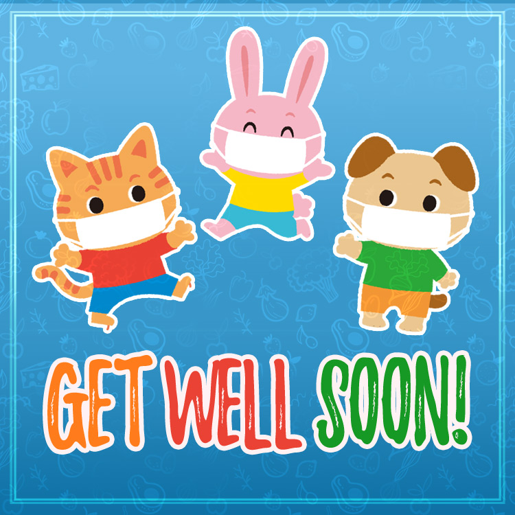 Get Well Soon Funny Image with cartoon animals in medical masks, square shape (square shape image)