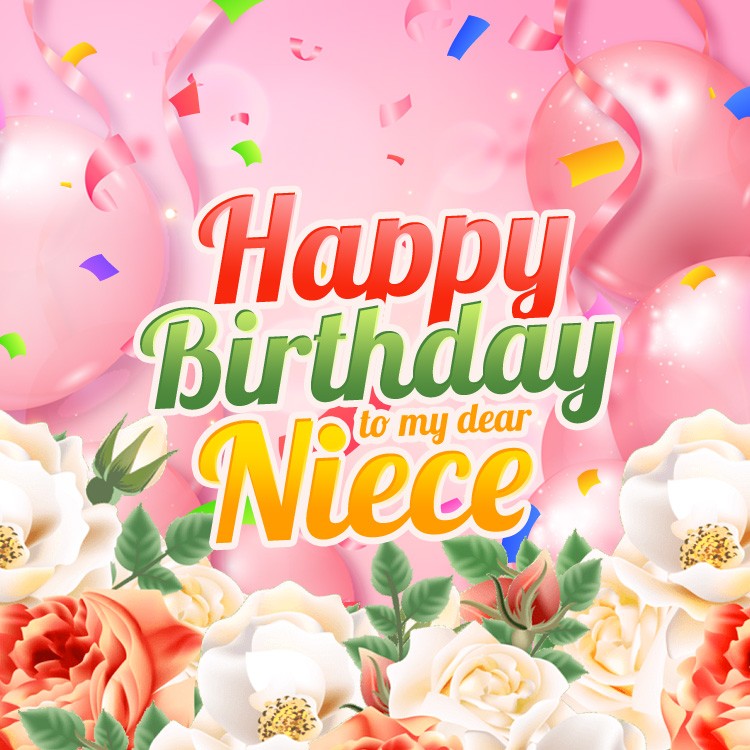 Happy Birthday Niece square shape Image with pink balloons and flowers (square shape image)