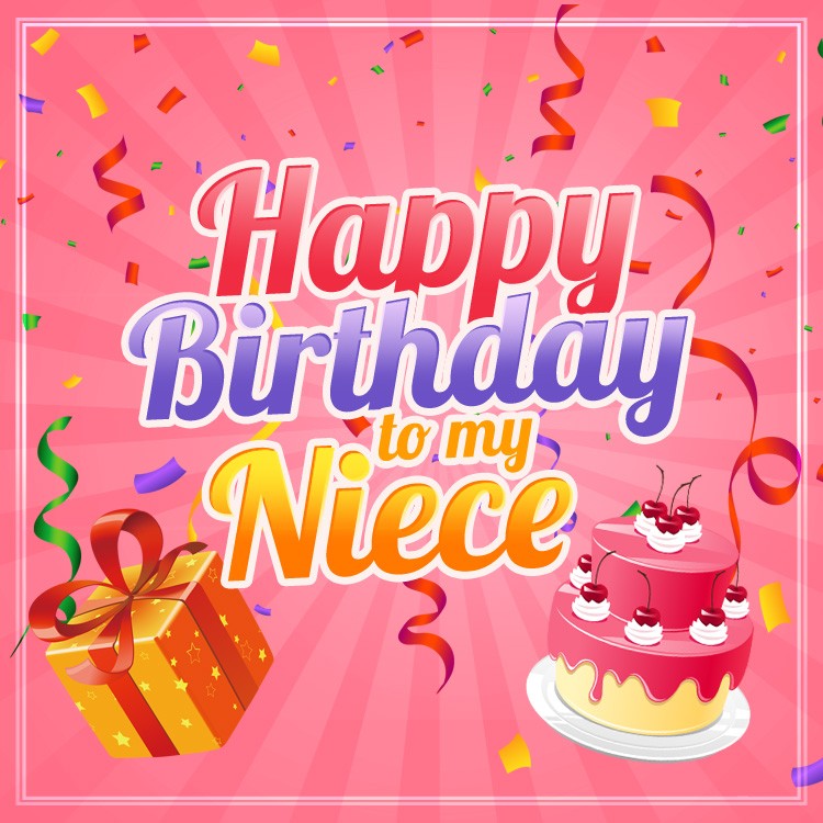 Happy Birthday Niece square shape Image with gift box and cake on the pink background (square shape image)