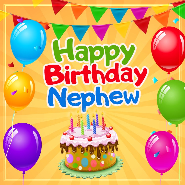 Happy Birthday Nephew square shape Image with bright caption and cartoon cake (square shape image)