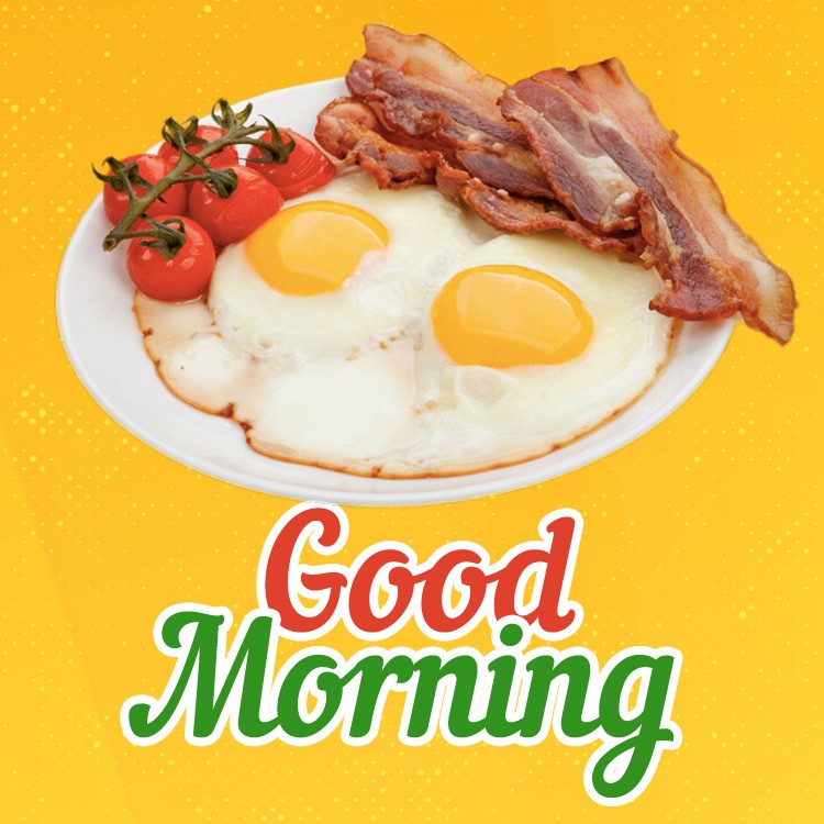 Good Morning picture with scrambled eggs and fried bacons (square shape image)