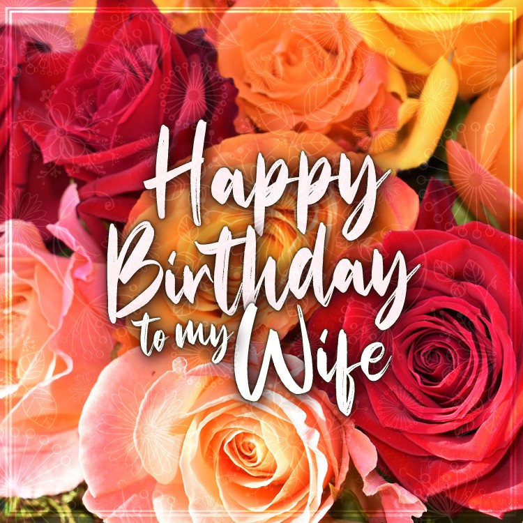 Happy Birthday to my Wife greeting card with colorful roses, square shape photo (square shape image)