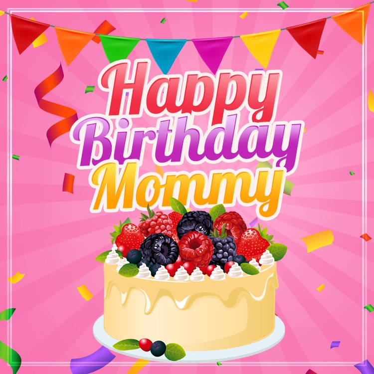 Happy Birthday Mommy square shape Image with pink background and cartoon cake (square shape image)