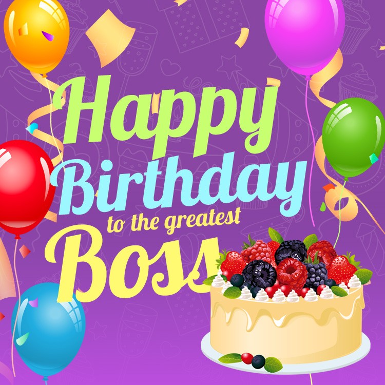 Happy Birthday to the greatest Boss image with cartoon cake (square shape image)