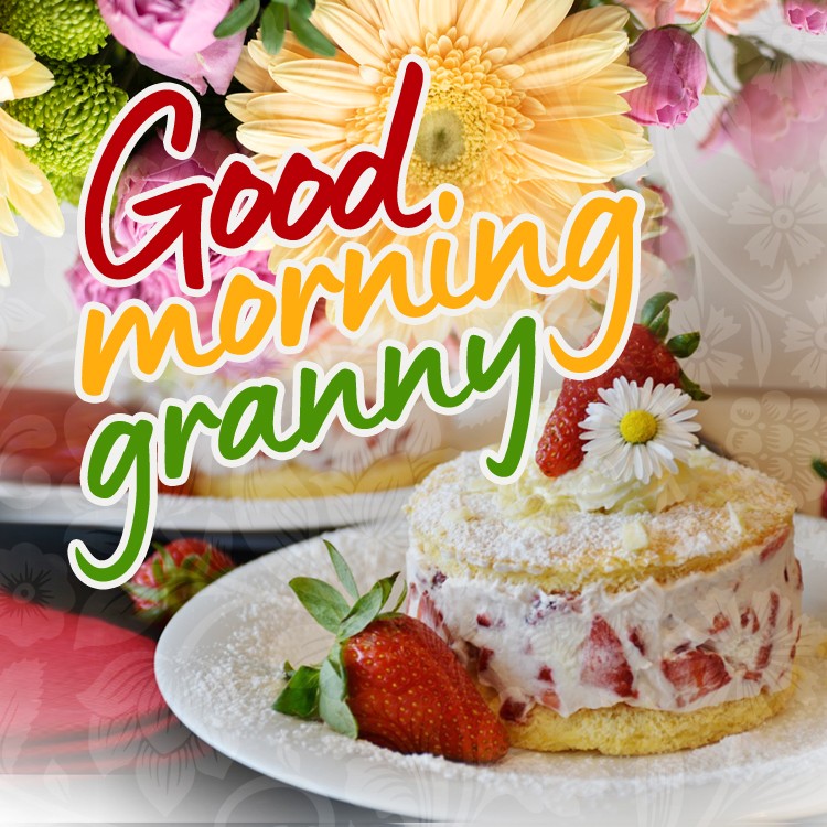 Good Morning Granny square shape image with cake and flowers (square shape image)