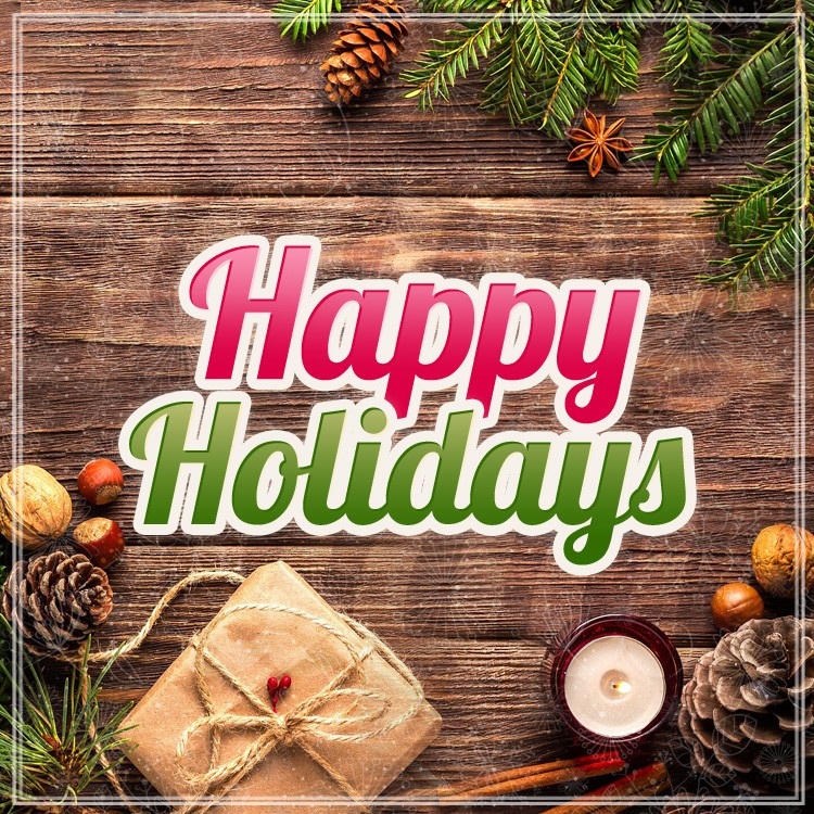 Happy Holidays square shape picture with spruce branches and cones (square shape image)