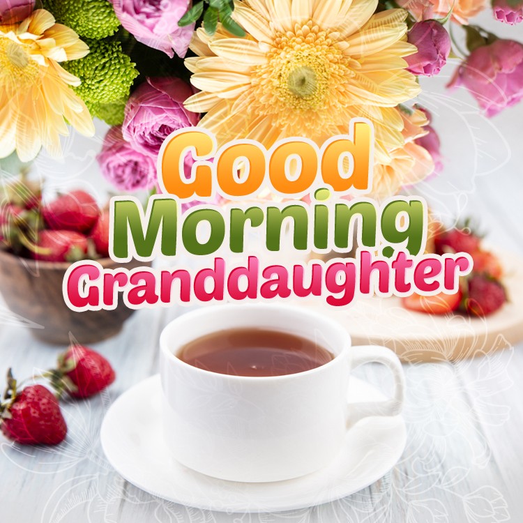 Good Morning granddaughter square shape image with a cup of tea, strawberries and flowers (square shape image)