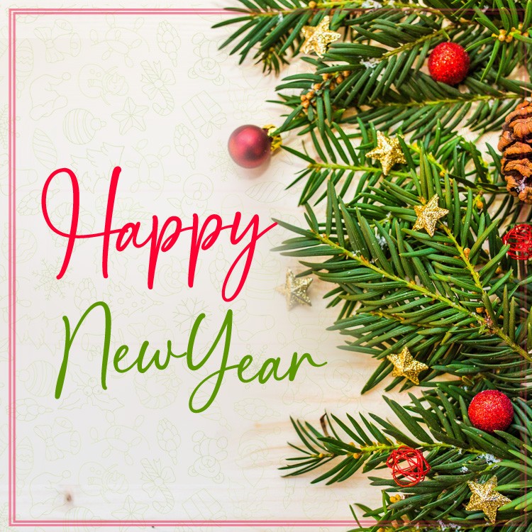 Happy New Year square shape image with tree branch decorated with Christmas toys (square shape image)