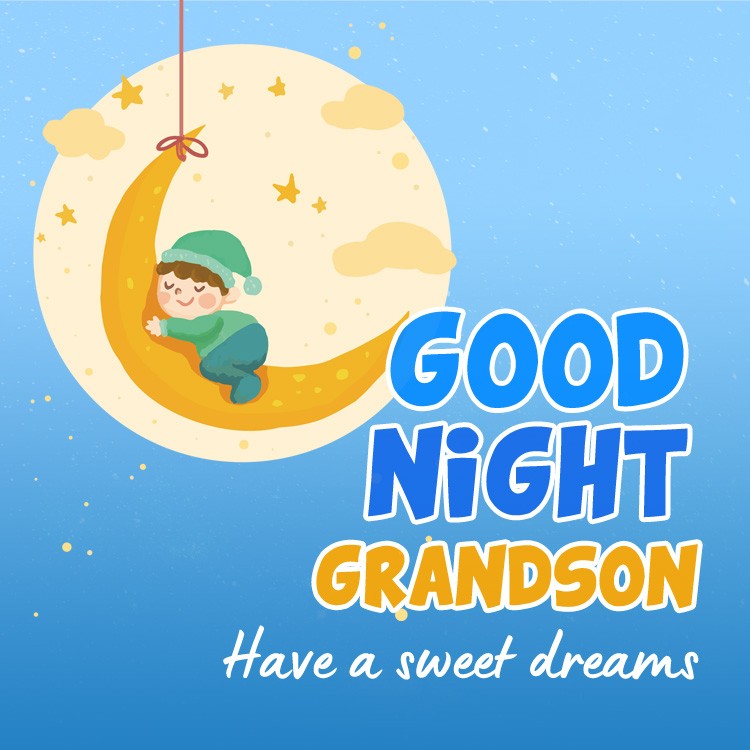 Good Night Grandson picture of a sleeping boy on a crescent moon (square shape image)