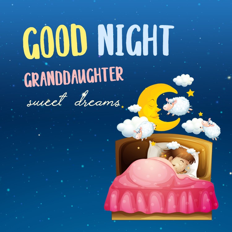 Good Night Granddaughter square shape image with cute girl sleeping in bed (square shape image)