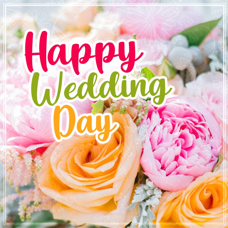 Happy Wedding Day square shape picture with the bride's bouquet (square shape image)