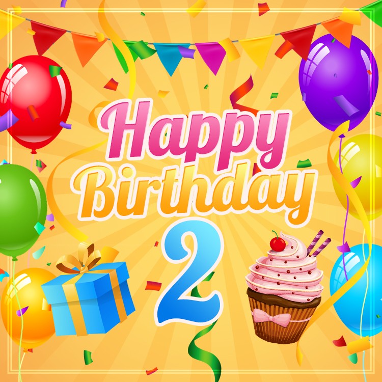 Happy 2nd Birthday square shape Image with cupcake and gift box (square shape image)