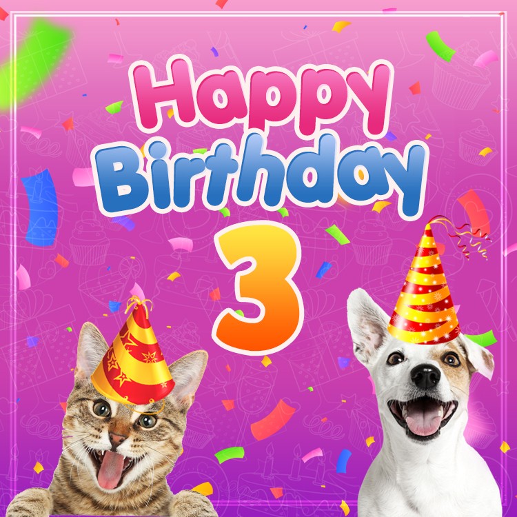 Happy 3rd Birthday funny square shape Image with cat and dog (square shape image)