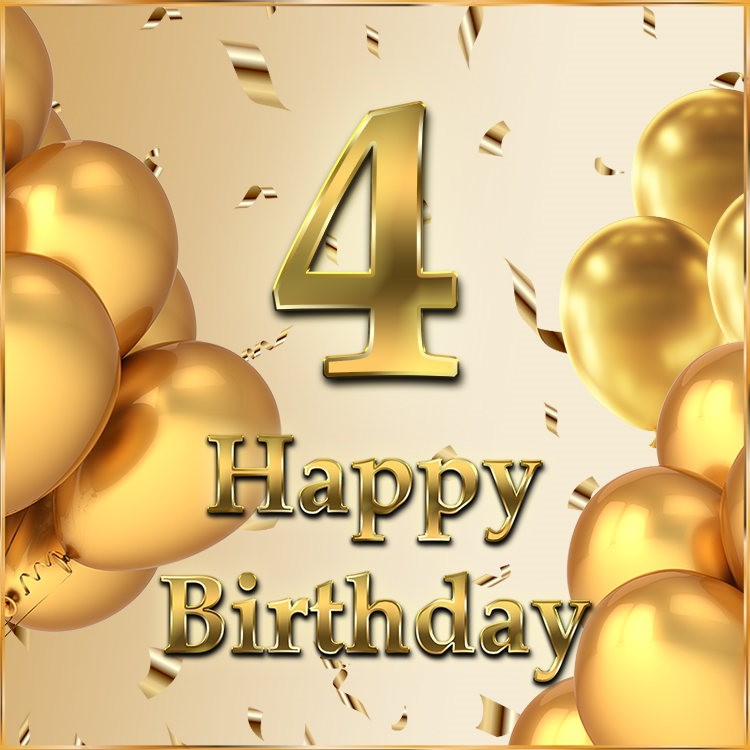 Happy 4th Birthday Image with golden number and balloons (square shape image)