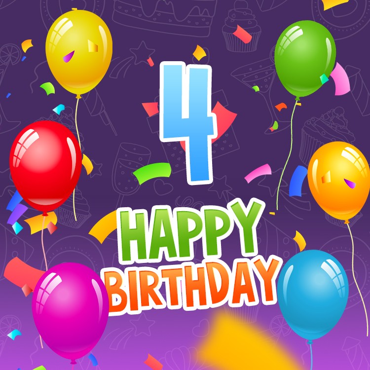 Happy 4th Birthday Image with colorful balloons (square shape image)