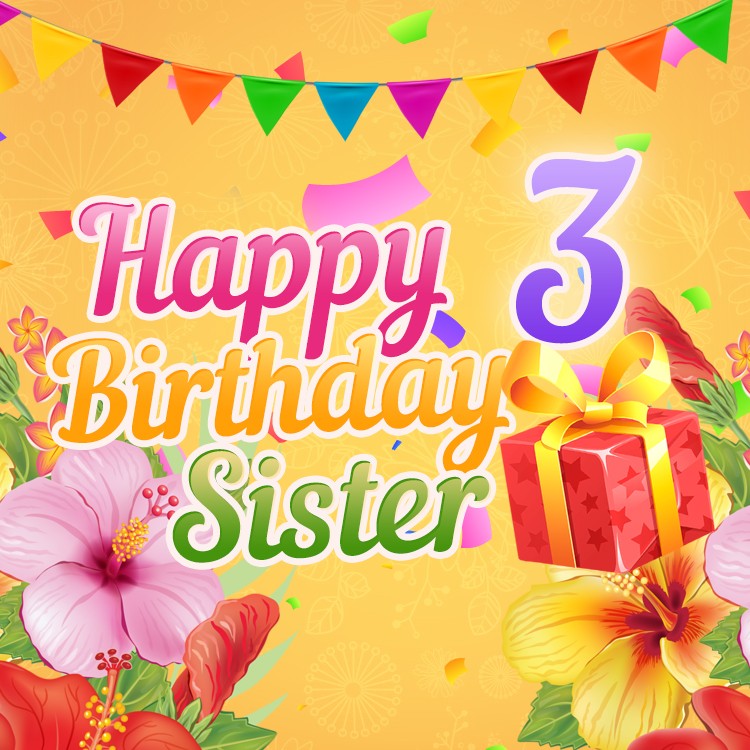 Happy 3rd Birthday Sister square shape Image with beautiful purple number (square shape image)