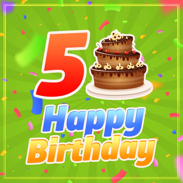 Happy 5th Birthday Image with cartoon chocolate cake on bright green background (square shape image)