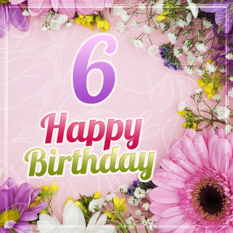 Happy 6th Birthday Image with delicate flowers (square shape image)