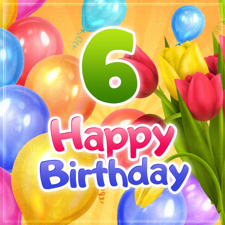 Happy 5th Birthday picture with colorful balloons and beautiful tulips (square shape image)