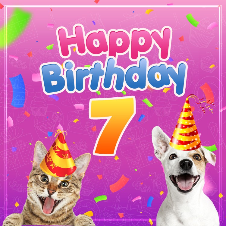 Happy 7th Birthday funny Image with dog and cat (square shape image)