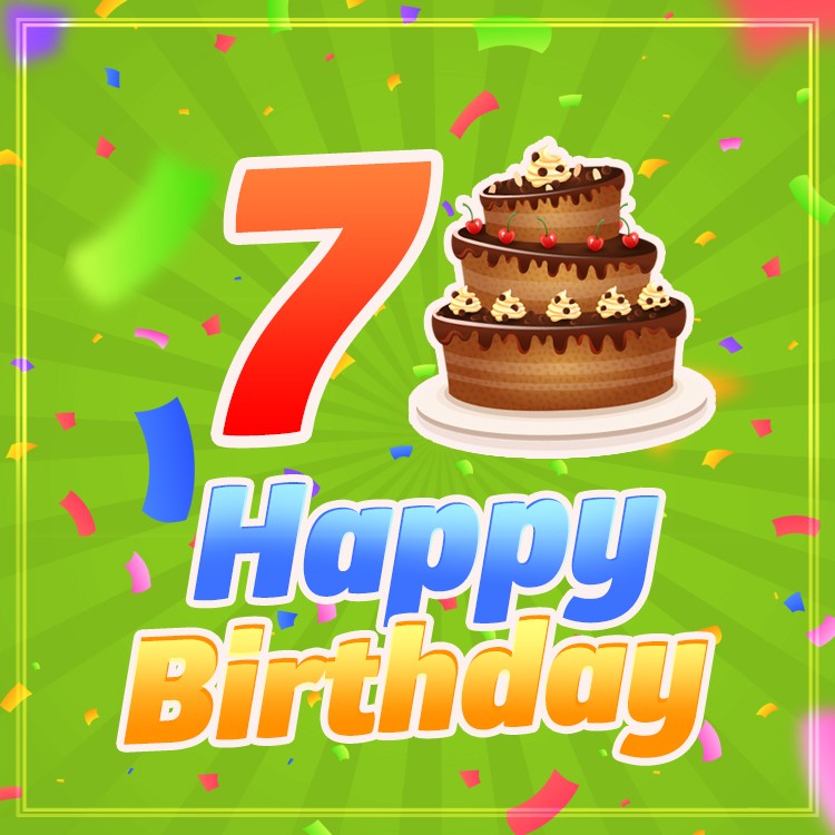 Happy 7th Birthday Image with cartoon chocolate cake (square shape image)