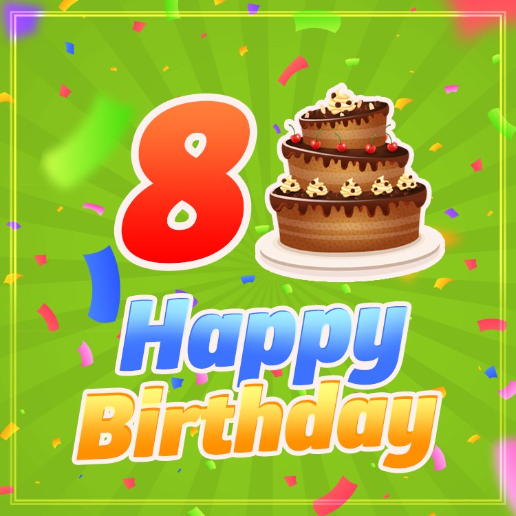 Happy 8th Birthday Image with cartoon chocolate cake (square shape image)