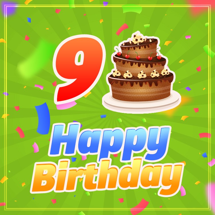 Happy 9th Birthday Image with cartoon chocolate cake (square shape image)