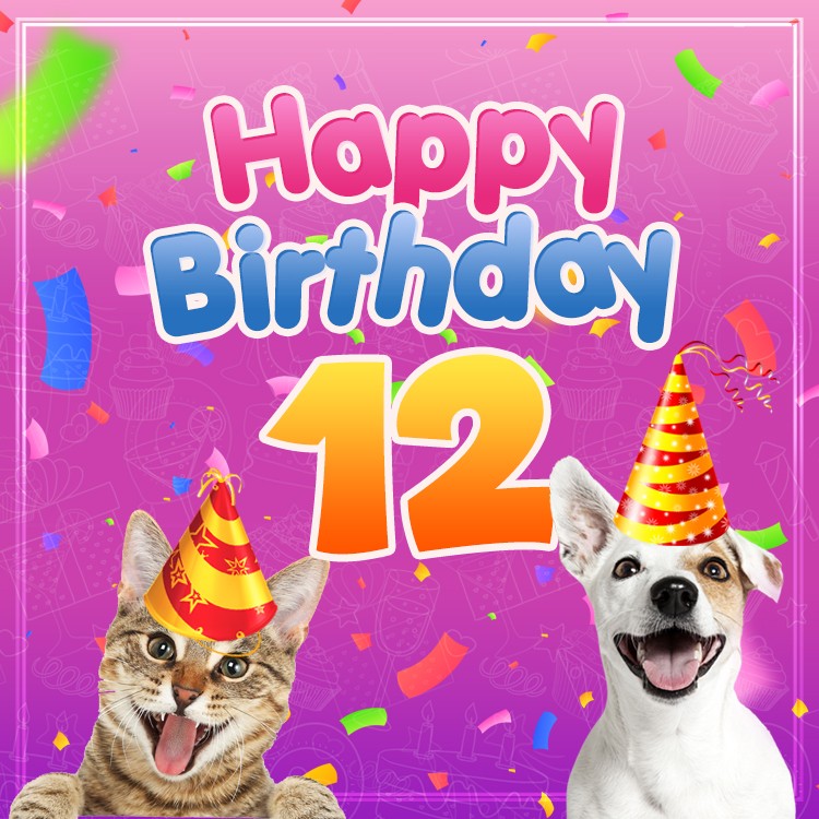 Happy 12th Birthday funny Image with dog and cat (square shape image)